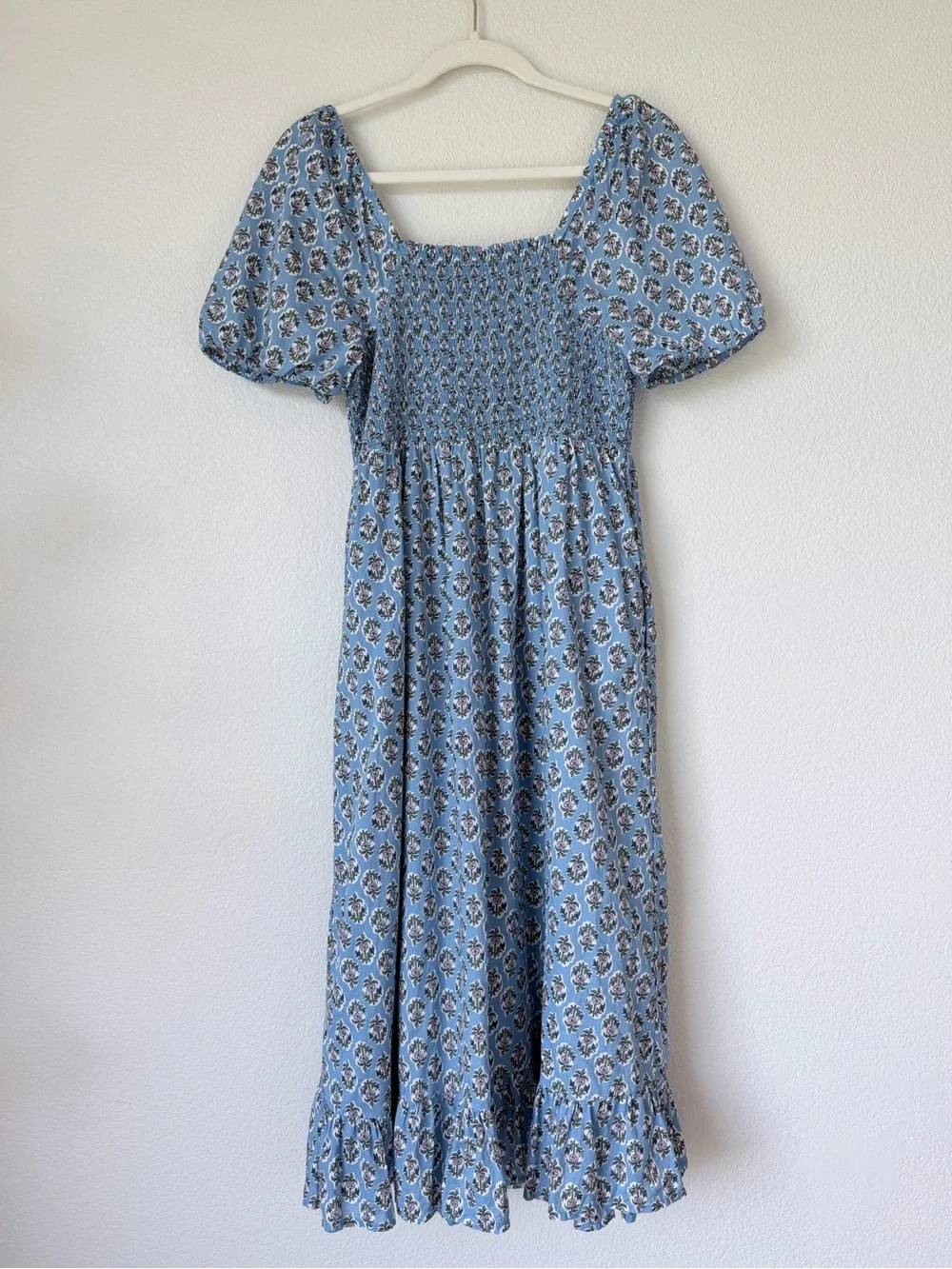 J.Crew Blue Floral Smocked Midi Dress S Cotton Puff Sleeve Cottagecore